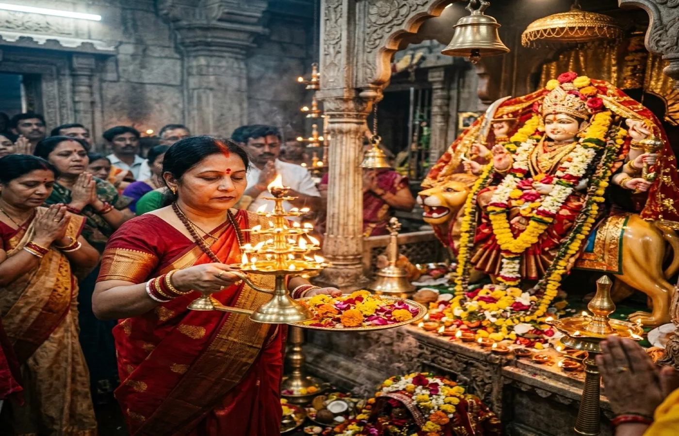 Durga Aarti with lamps and red devotional flowers