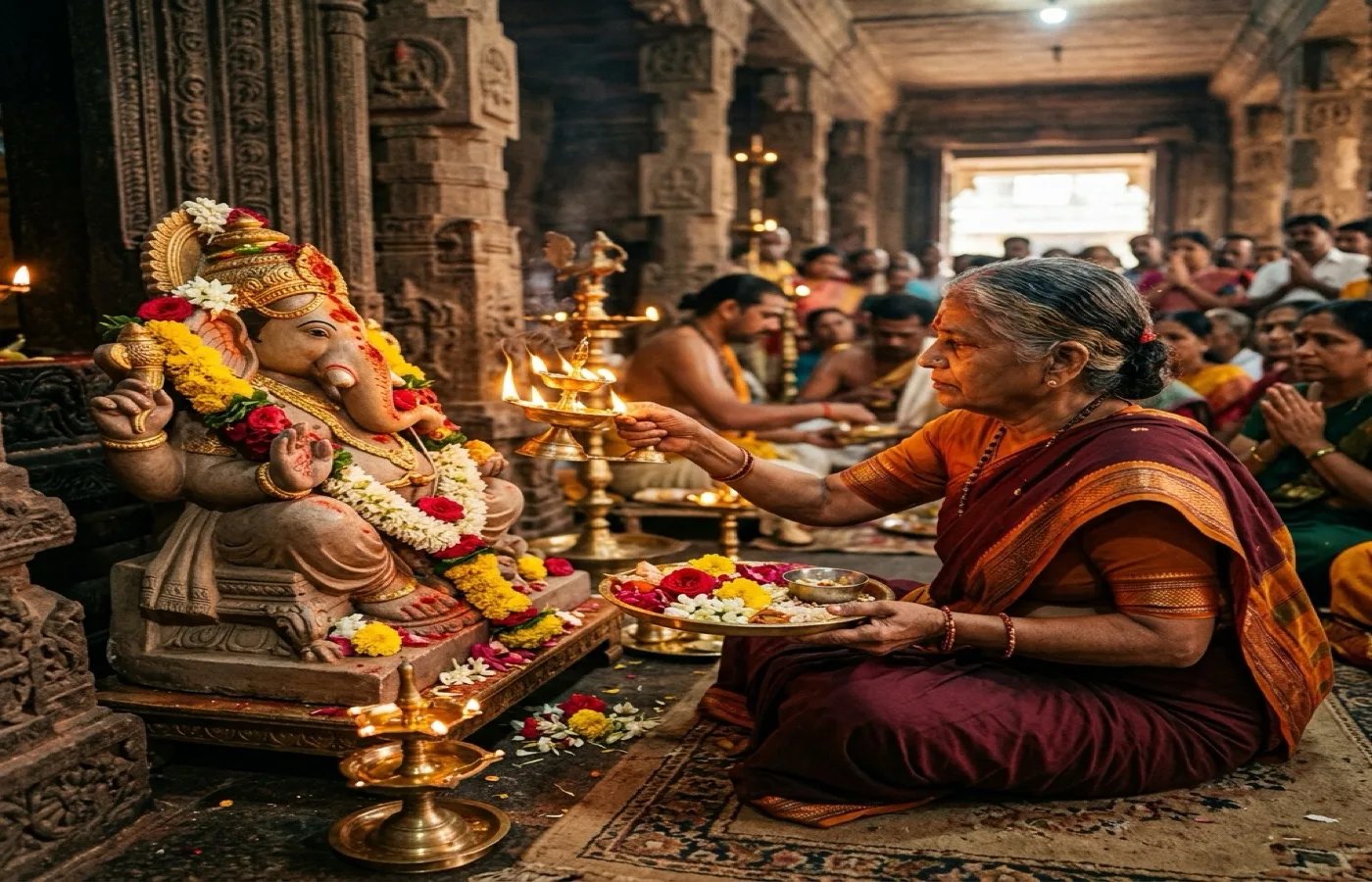 Ganesh Aarti with diya and marigold flowers
