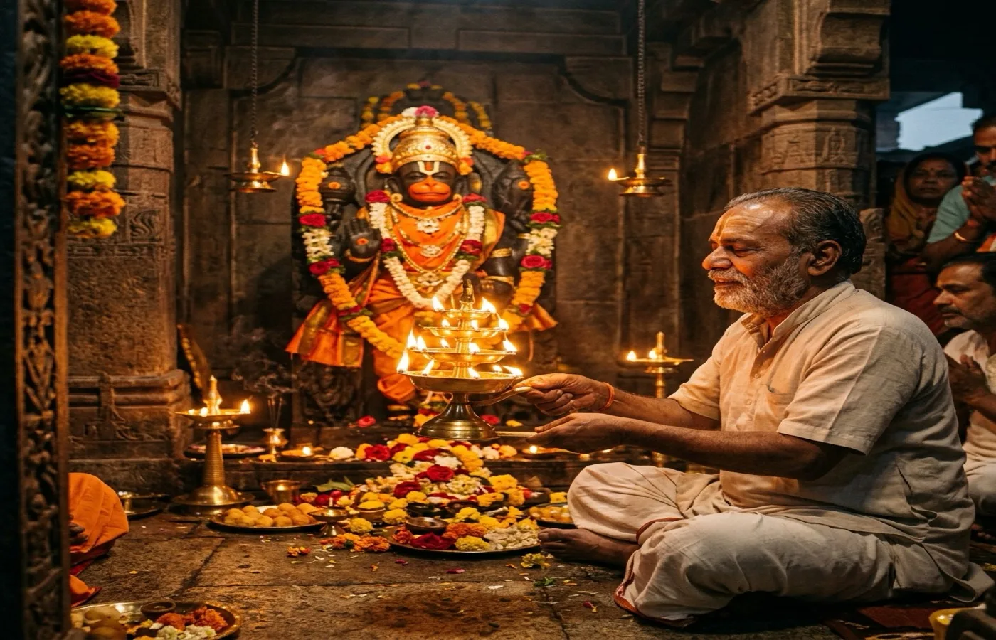 Devotional Hanuman aarti with diya and flowers