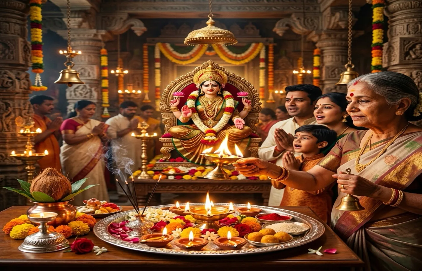 Lakshmi Aarti with lamps and festive diya setup