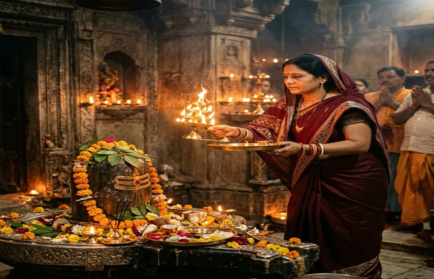 Shiv Aarti with lamp offering in a temple