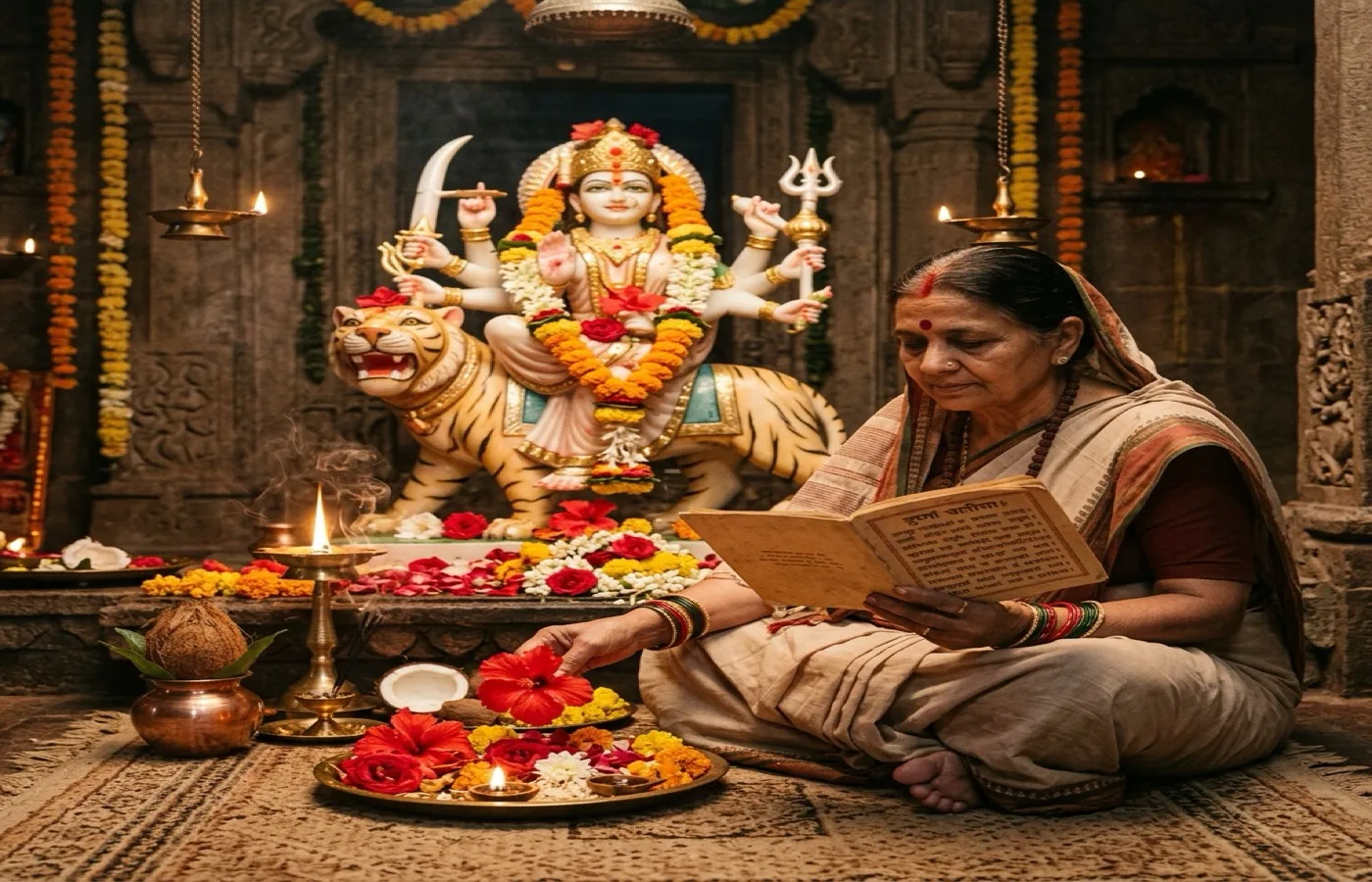 Durga Chalisa devotional text with red floral offering