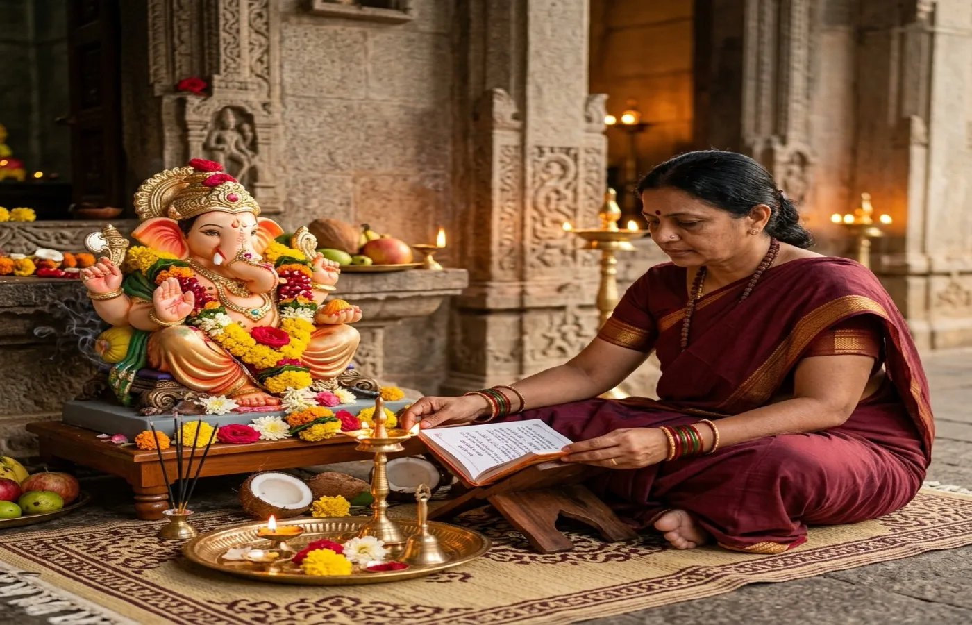 Ganesh Chalisa text with diya and incense