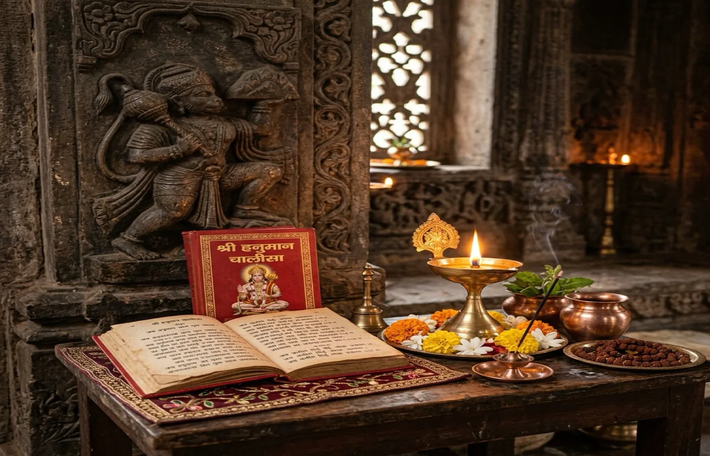 हनुमान चालीसा हिंदी पुस्तक और दीपक की छवि