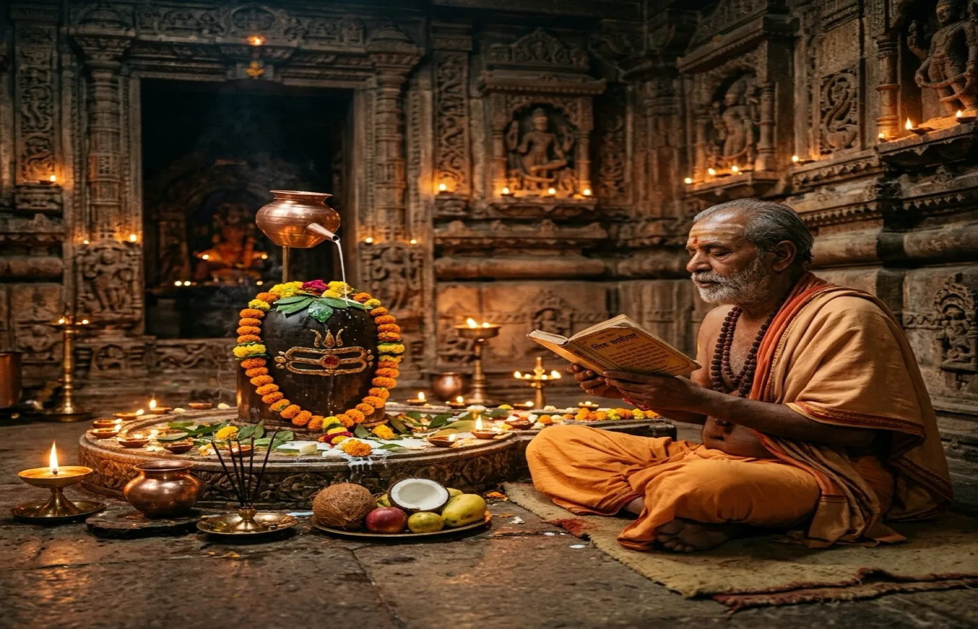 Shiv Chalisa scripture page with devotional backdrop