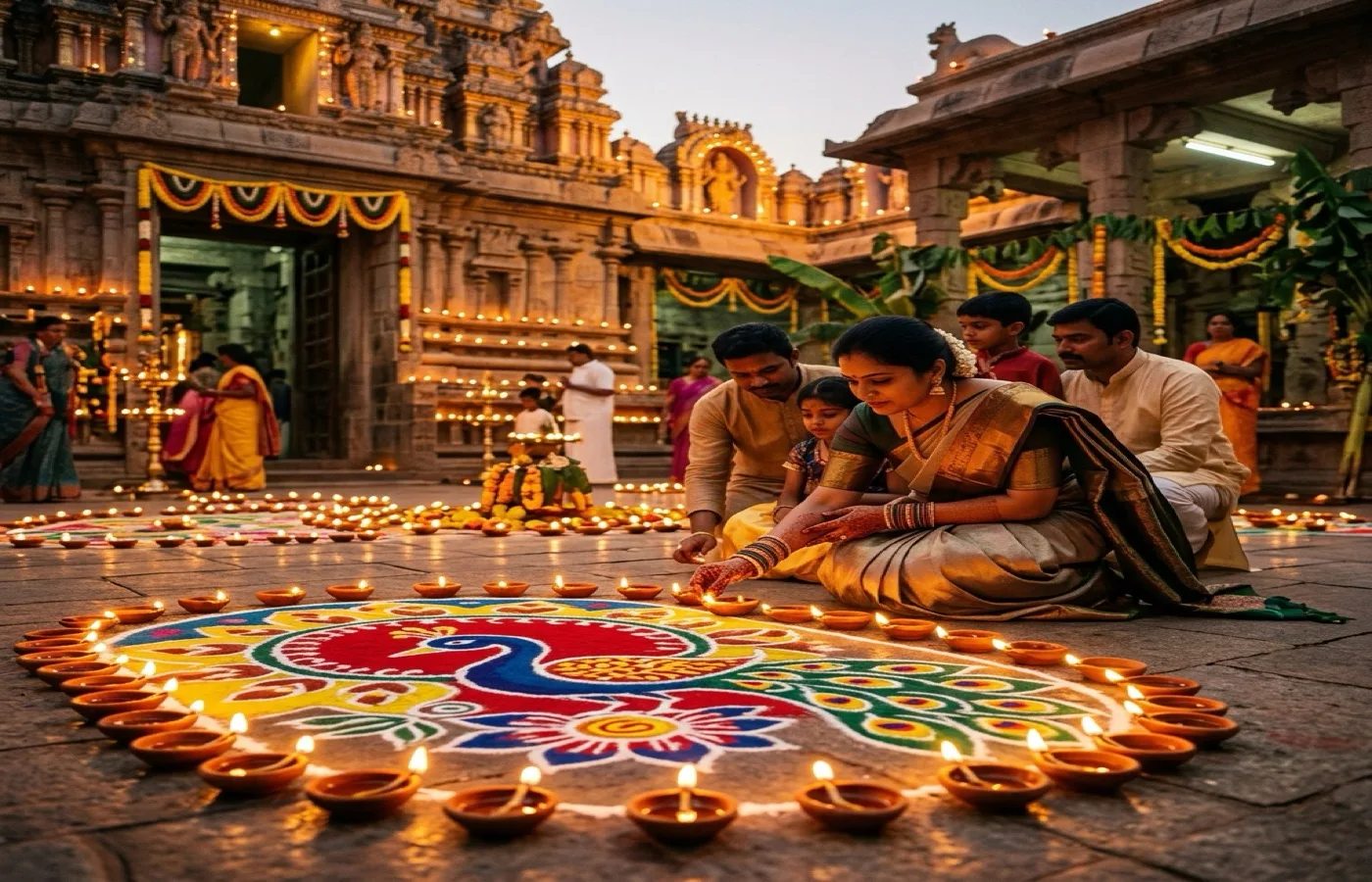 Diwali lamps and festive rangoli setup