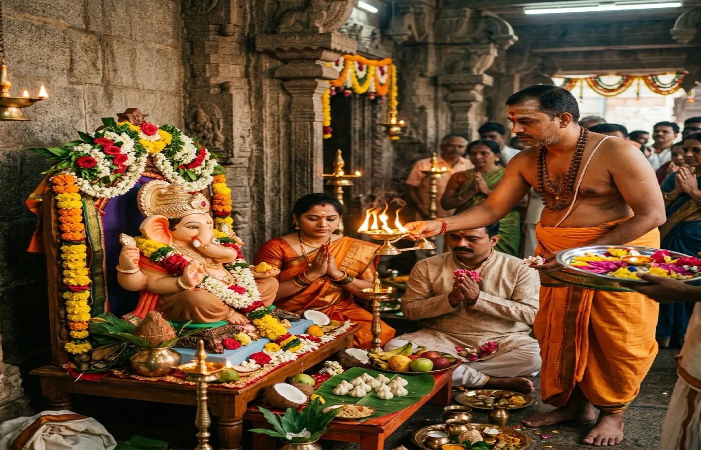 Ganesh Chaturthi idol worship with flowers and lamps