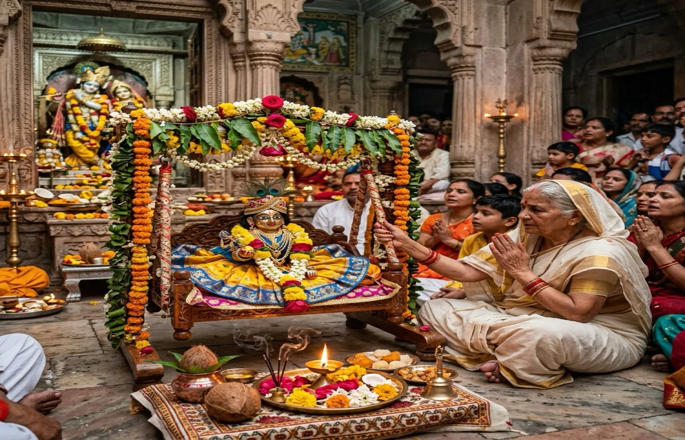 Janmashtami celebration with Krishna idol and flute decor