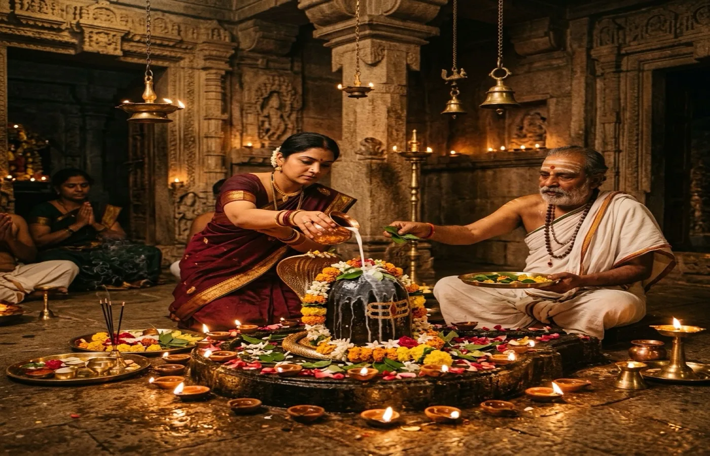 Mahashivratri night worship with Shiva linga and lamps