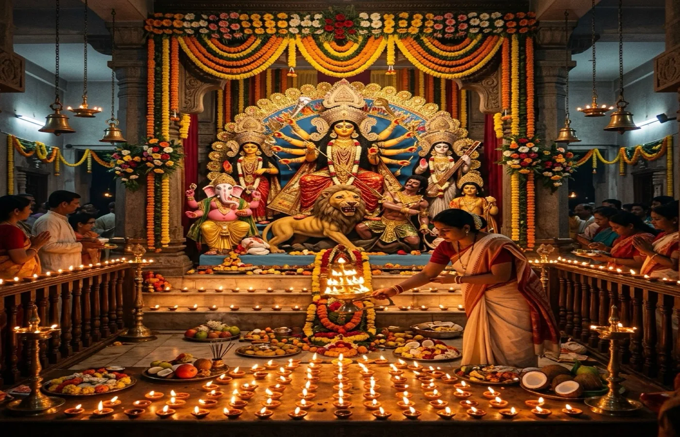 Navratri celebration with Durga idol and lamps