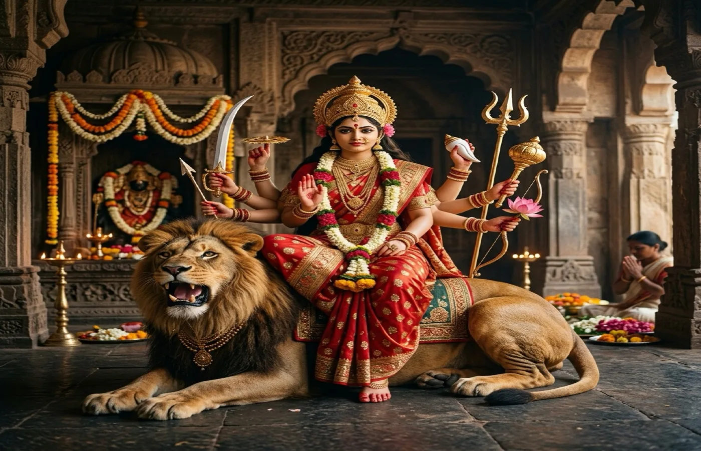 मां दुर्गा सिंह पर विराजमान भक्तिपूर्ण चित्र