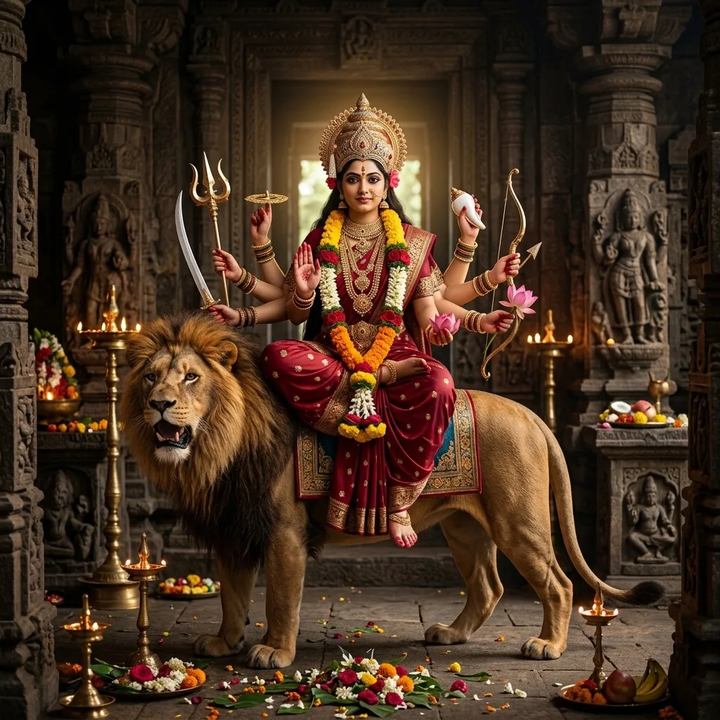 Goddess Durga seated on lion with divine aura