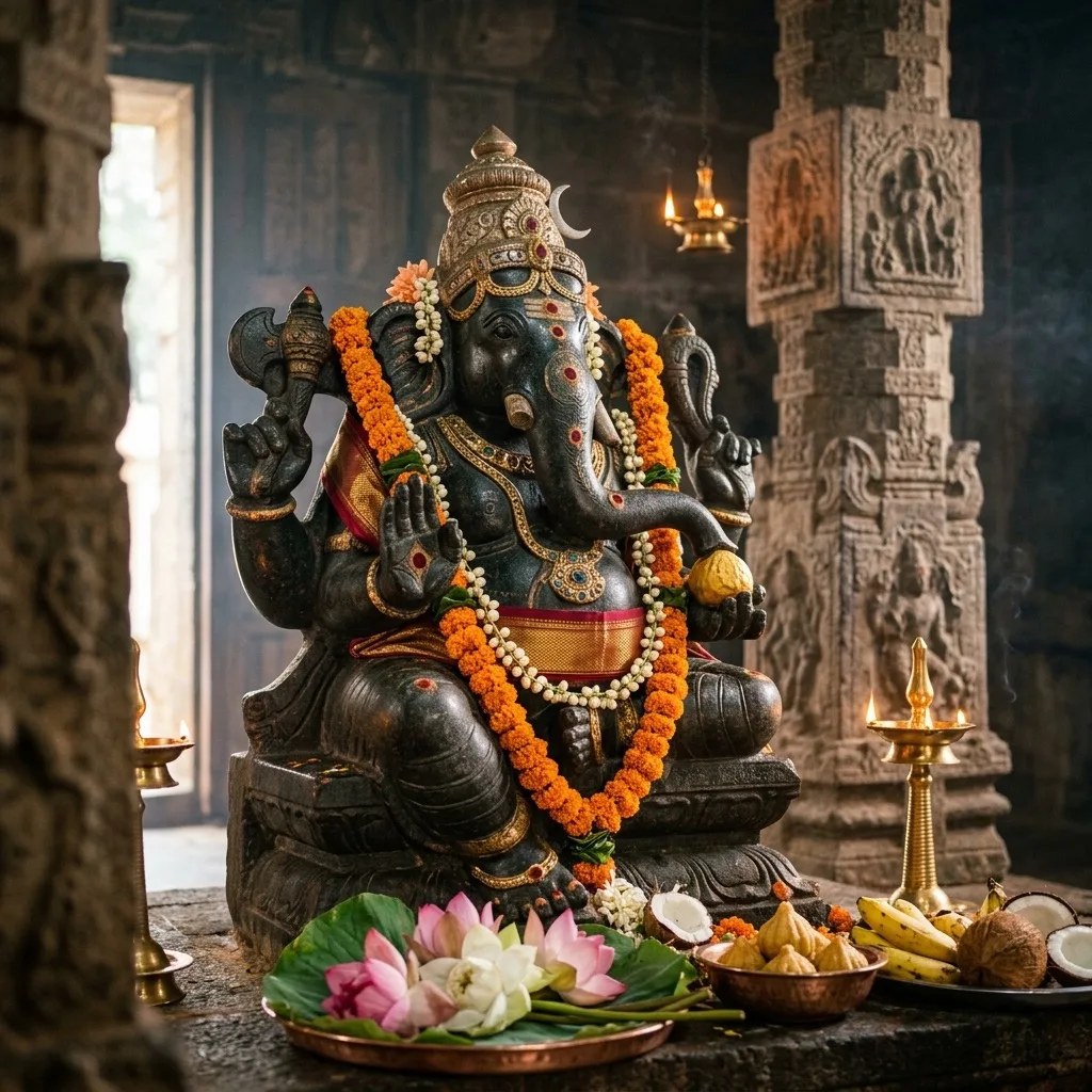 Lord Ganesh devotional artwork with lotus and modak