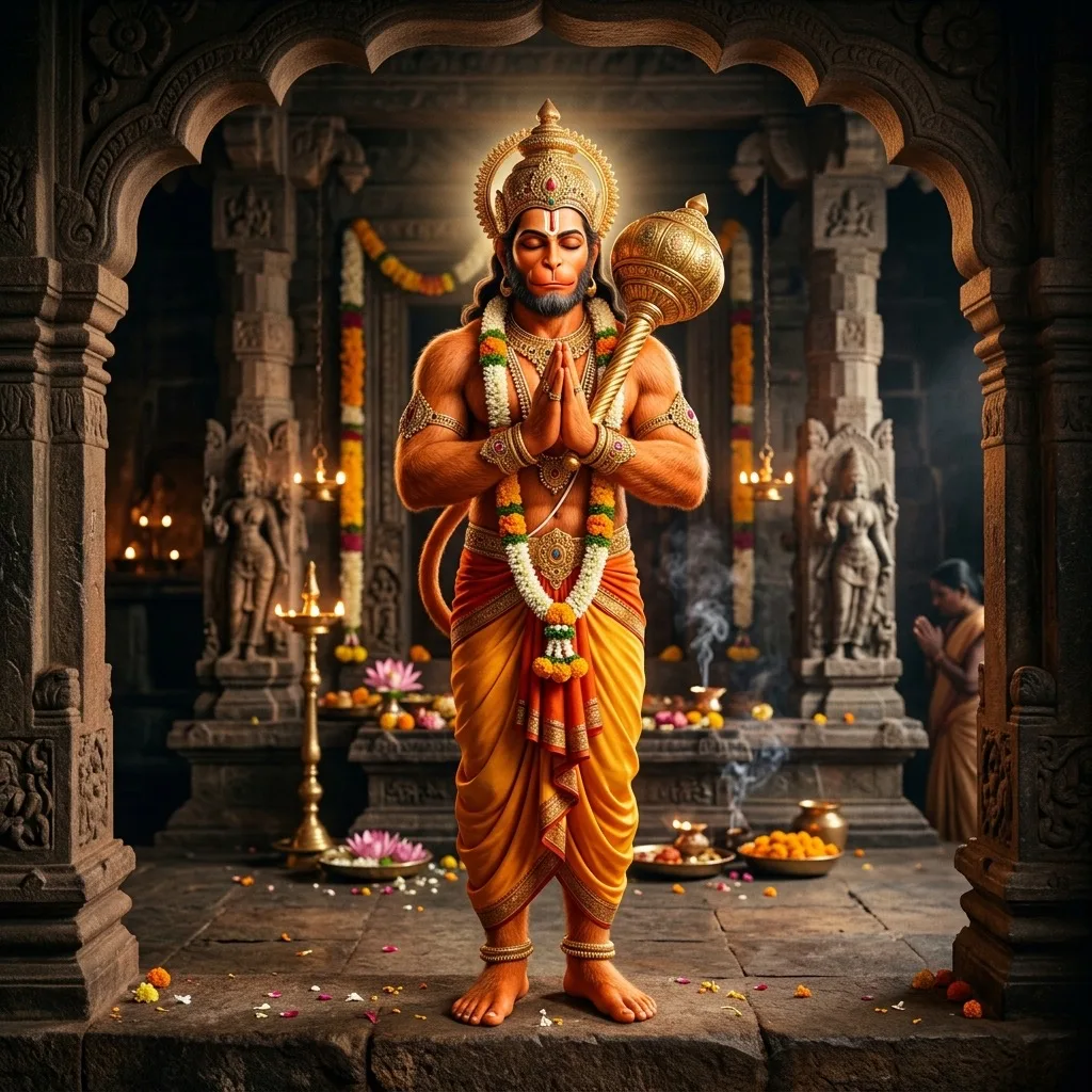 Lord Hanuman standing with gada in devotional art