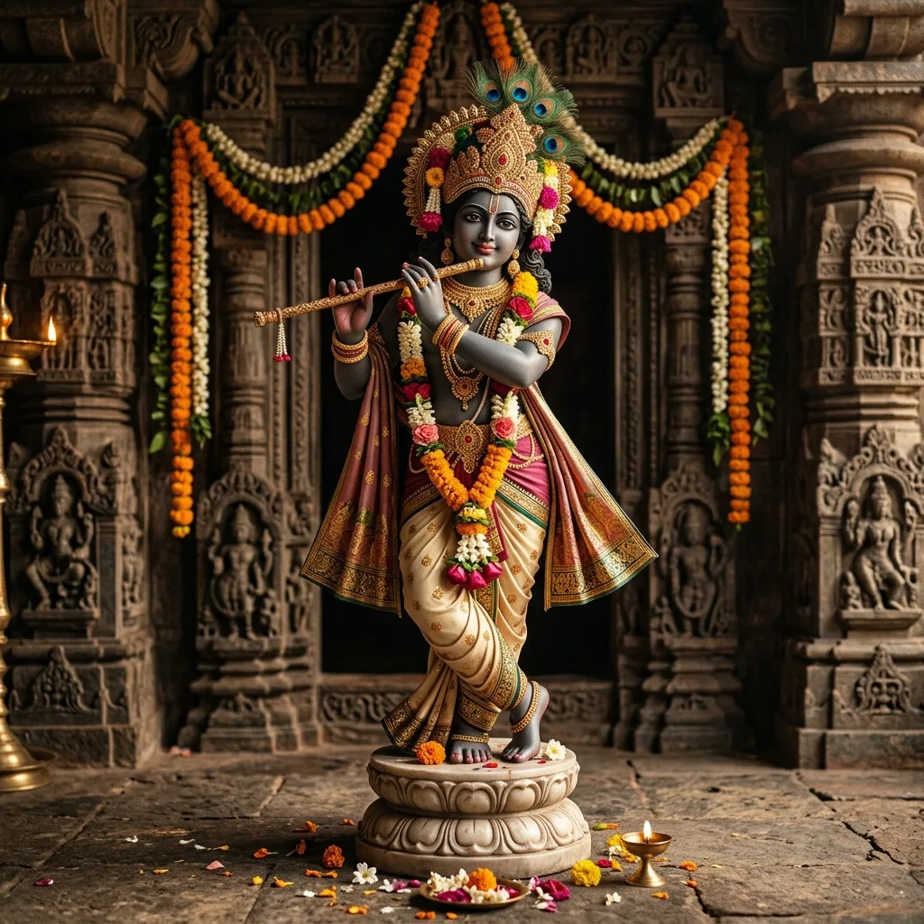 भगवान कृष्ण की बांसुरी सहित भक्तिपूर्ण छवि