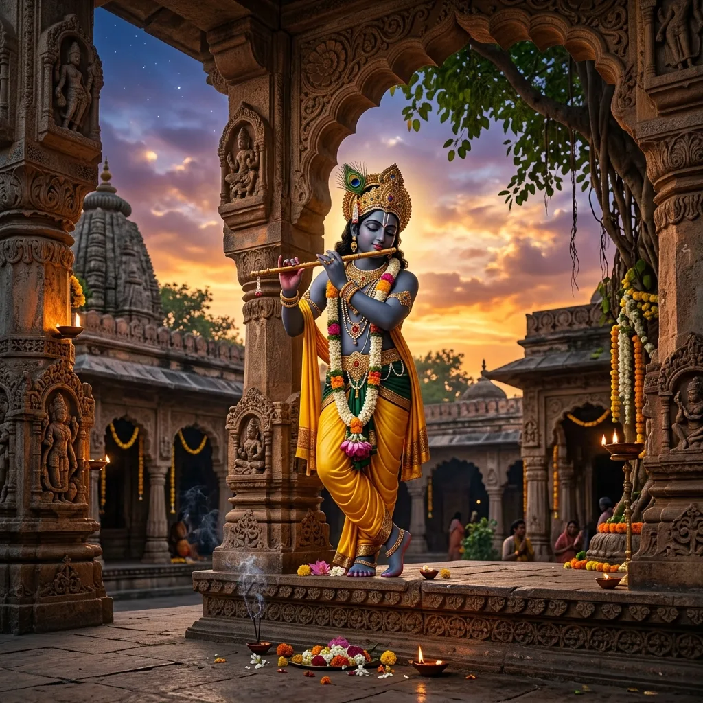 Lord Krishna with flute under a devotional sky