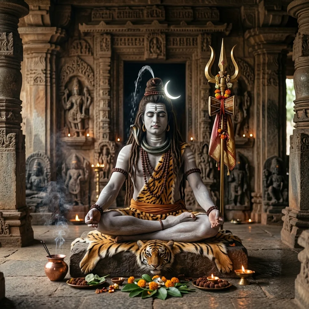 Lord Shiva meditating with crescent moon and trident