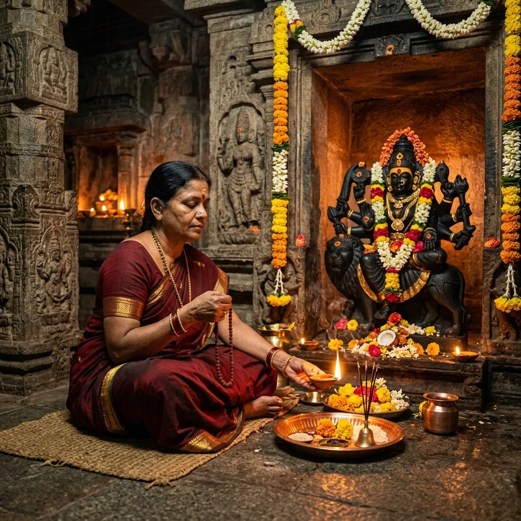 Durga mantra script with red and gold devotional theme