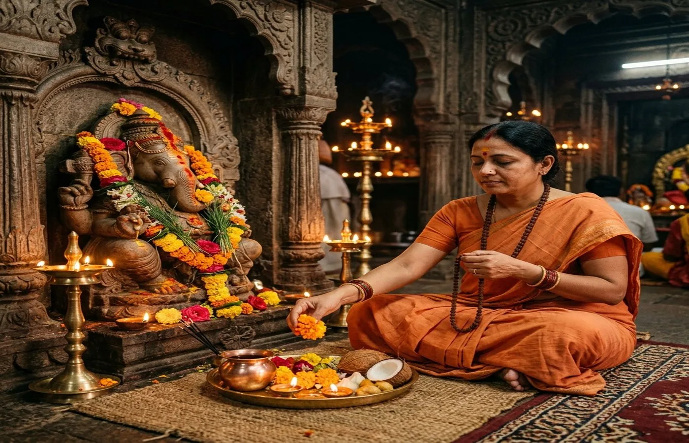 Ganesh mantra with diya, flowers, and devotional setting