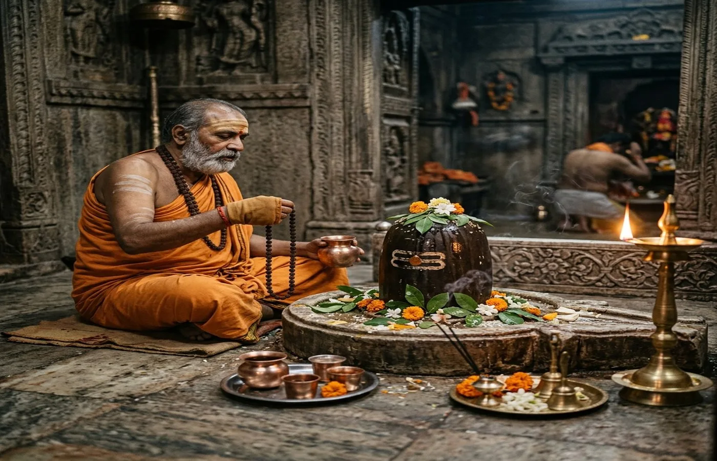 Sacred Mahamrityunjaya mantra text with Shiva symbol