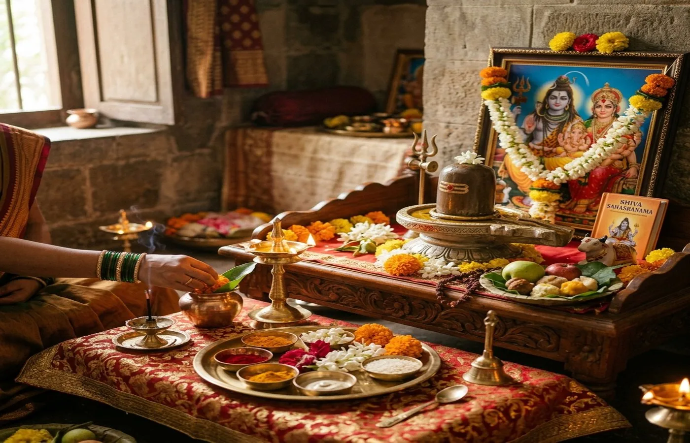 Home Shiva puja setup with diya, flowers and linga