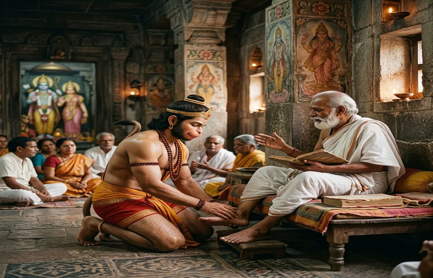 Hanuman in devotional service scene from Ramayana context