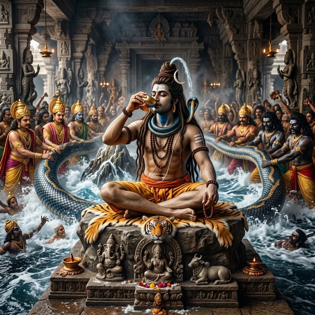 Artistic scene of Shiva as Neelkanth during samudra manthan