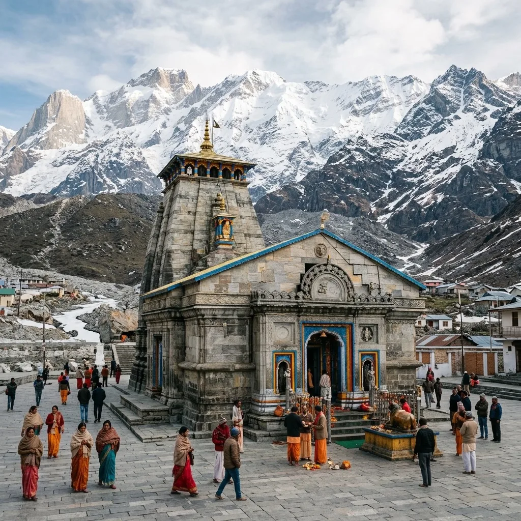 Kedarnath temple in Himalayan mountain landscape